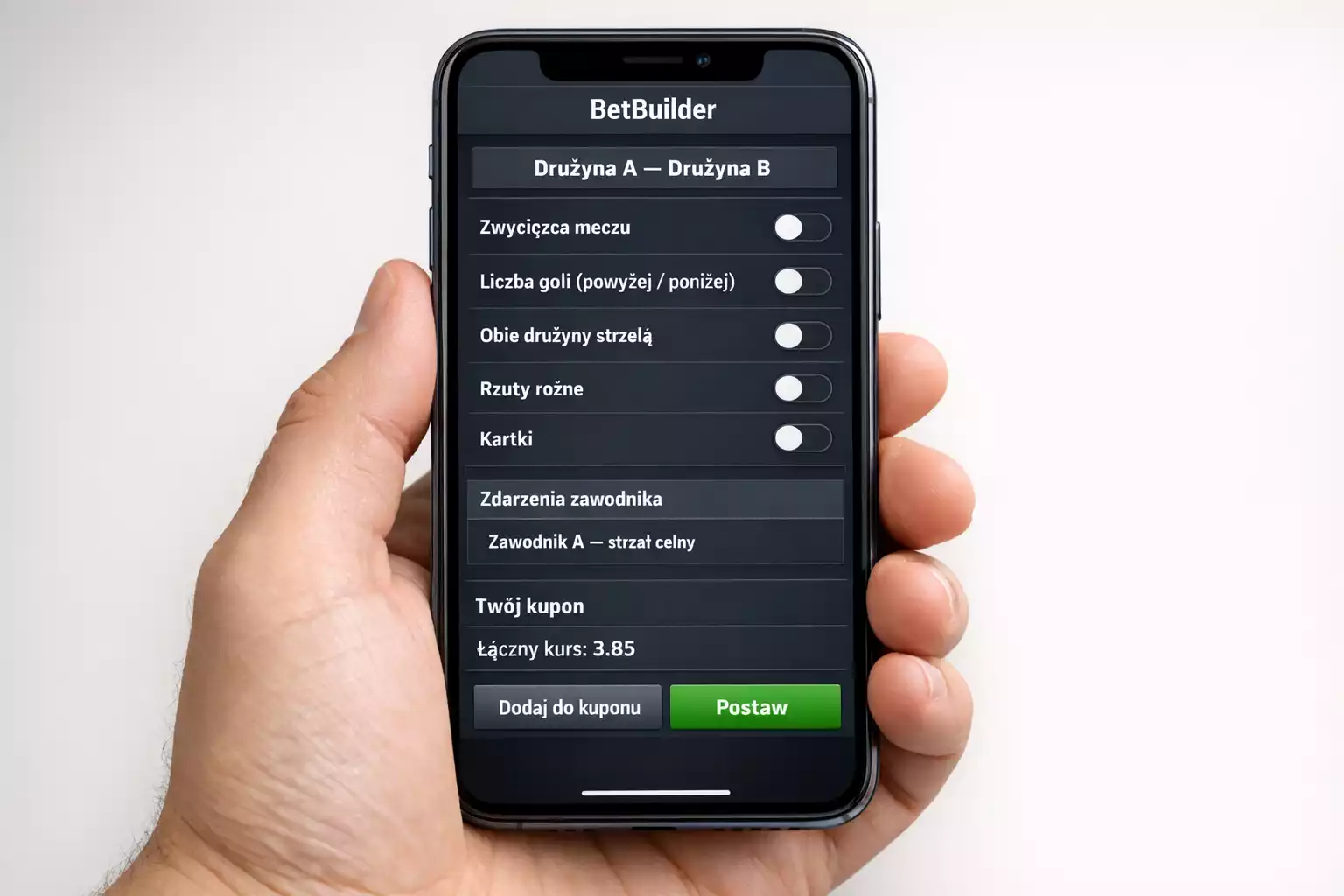 Interfejs aplikacji bukmacherskiej z kreatorem zakładów BetBuilder