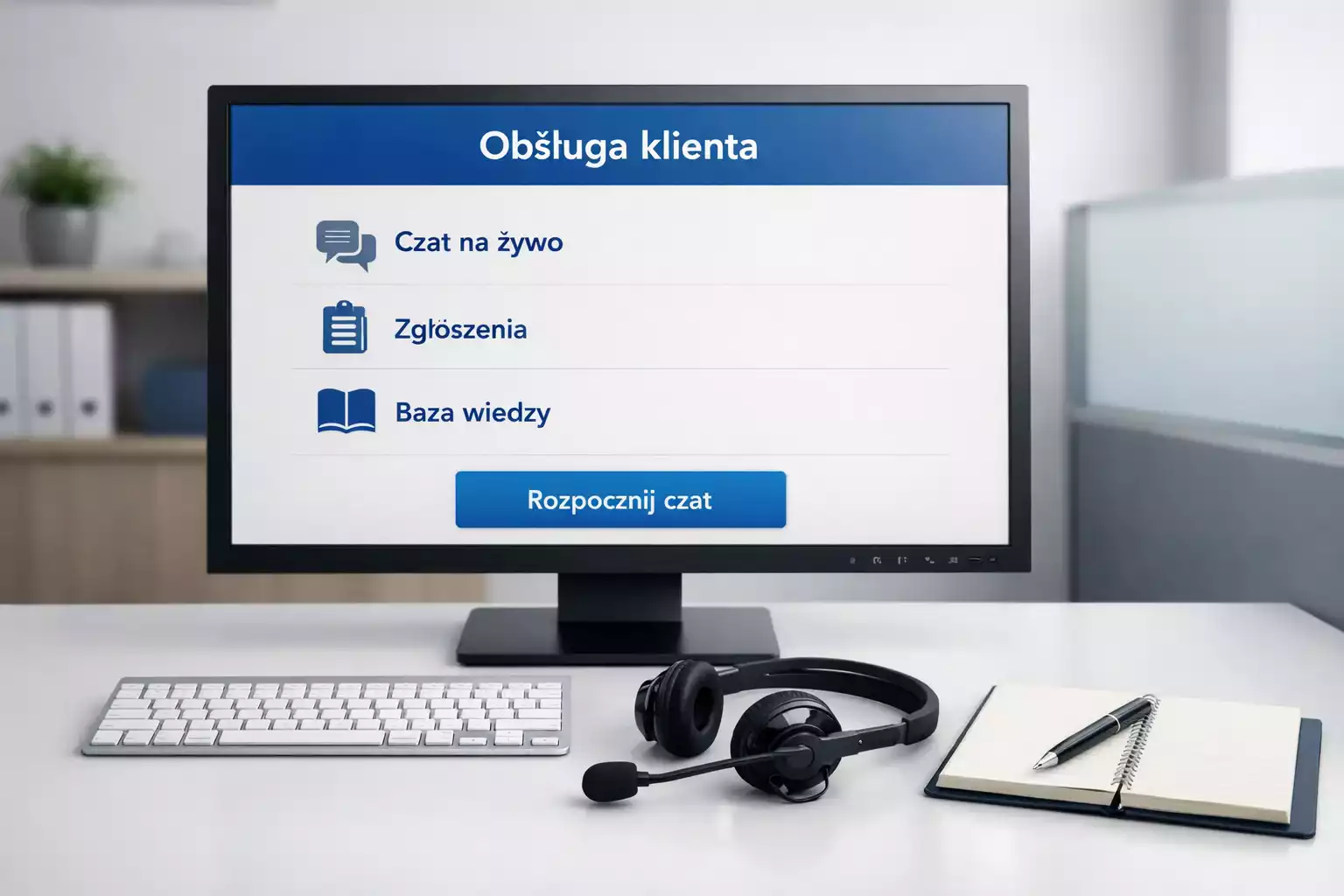 Profesjonalne biuro obsΕugi klienta z monitorem i sΕuchawkami na biurku