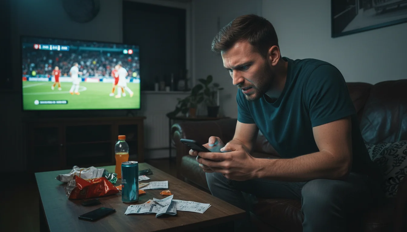 Osoba z telefonem w rΔce oglΔ
dajΔ
ca mecz z widocznym napiΔciem emocjonalnym