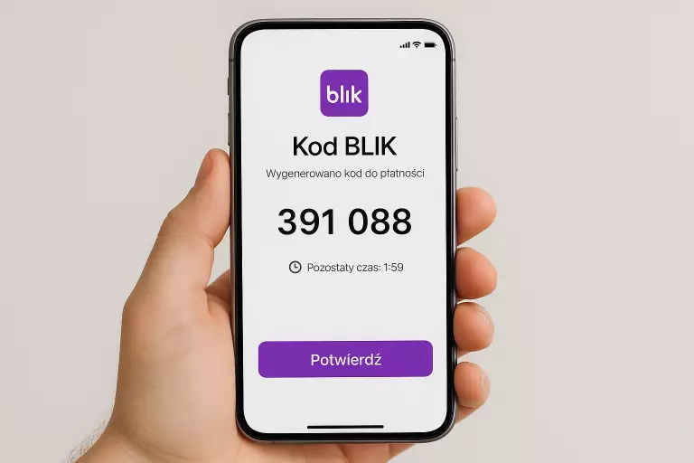 Generowanie kodu BLIK w aplikacji mobilnej banku Aplikacja BLIK na smartfonie pokazujΔ
ca 6-cyfrowy kod do pΕatnoΕci