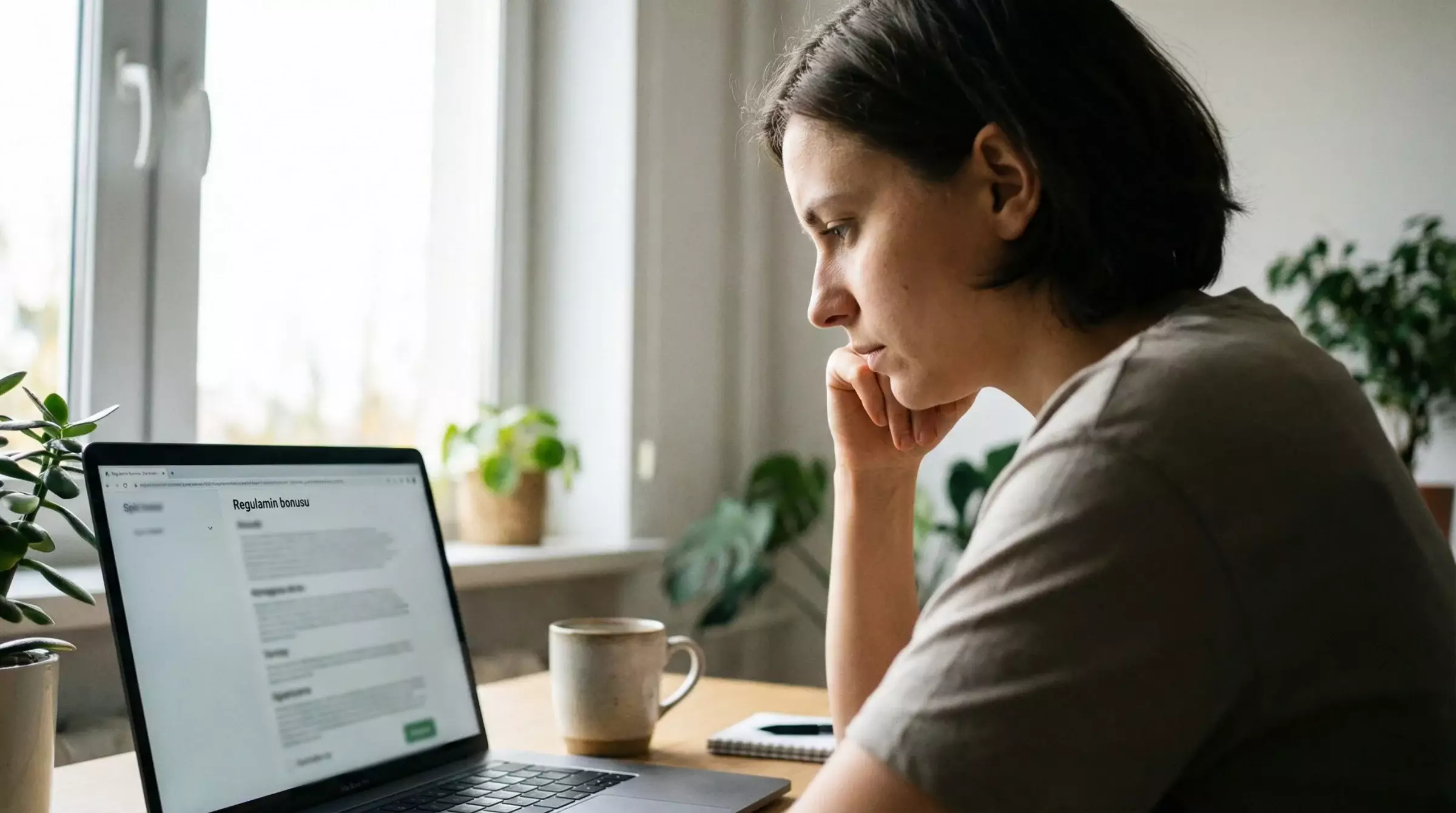 Osoba czytająca regulamin promocji na ekranie laptopa
