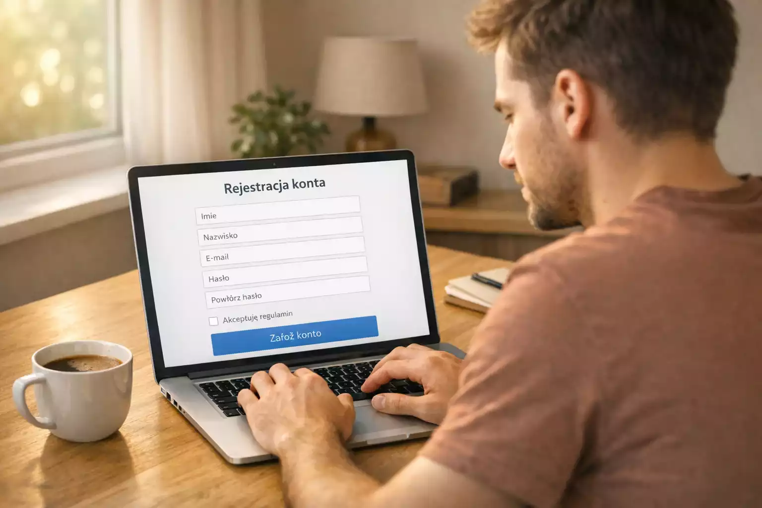 Osoba rejestrujΔ
ca konto na laptopie przy biurku w domu