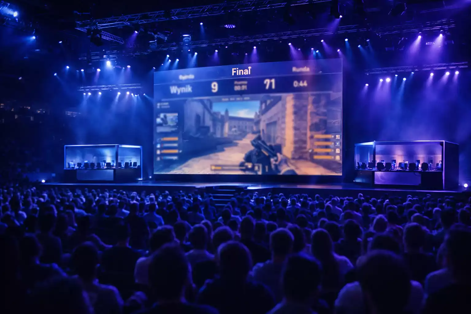 Arena e-sportowa podczas turnieju z publicznością i dużymi ekranami