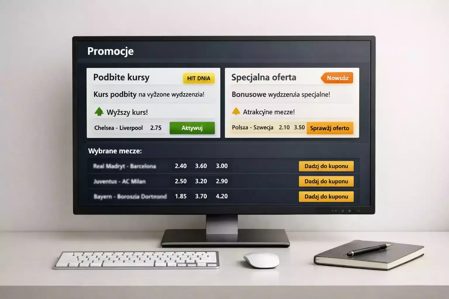 Ekran komputera z wyróżnionymi promocjami i podwyższonymi kursami