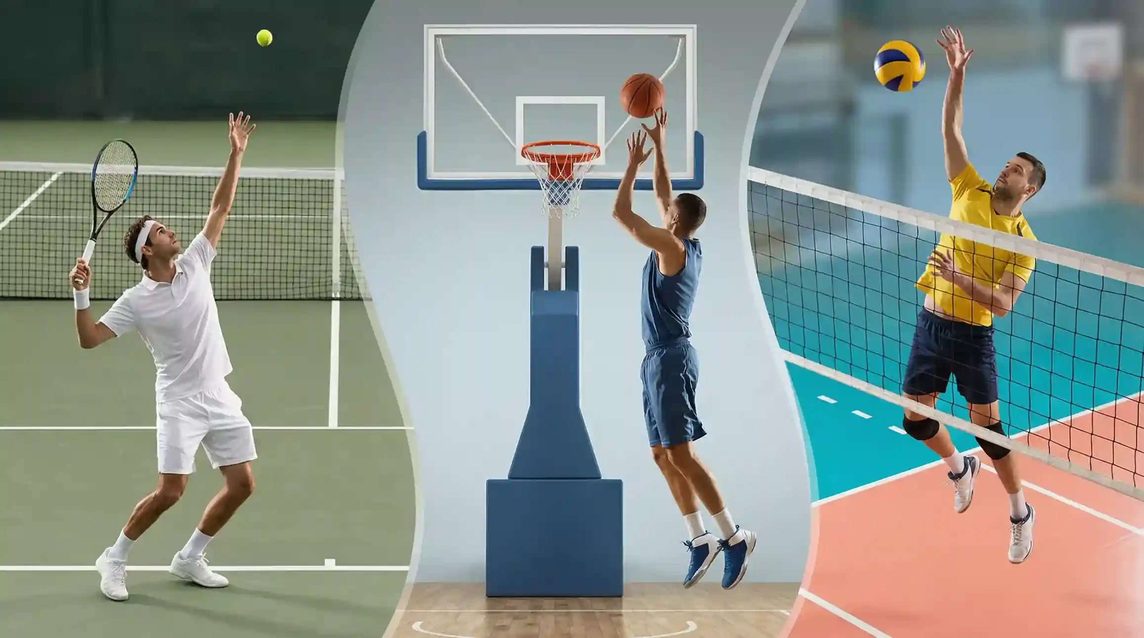 Kolaż pokazujący różne dyscypliny sportowe - tenis, koszykówka, siatkówka