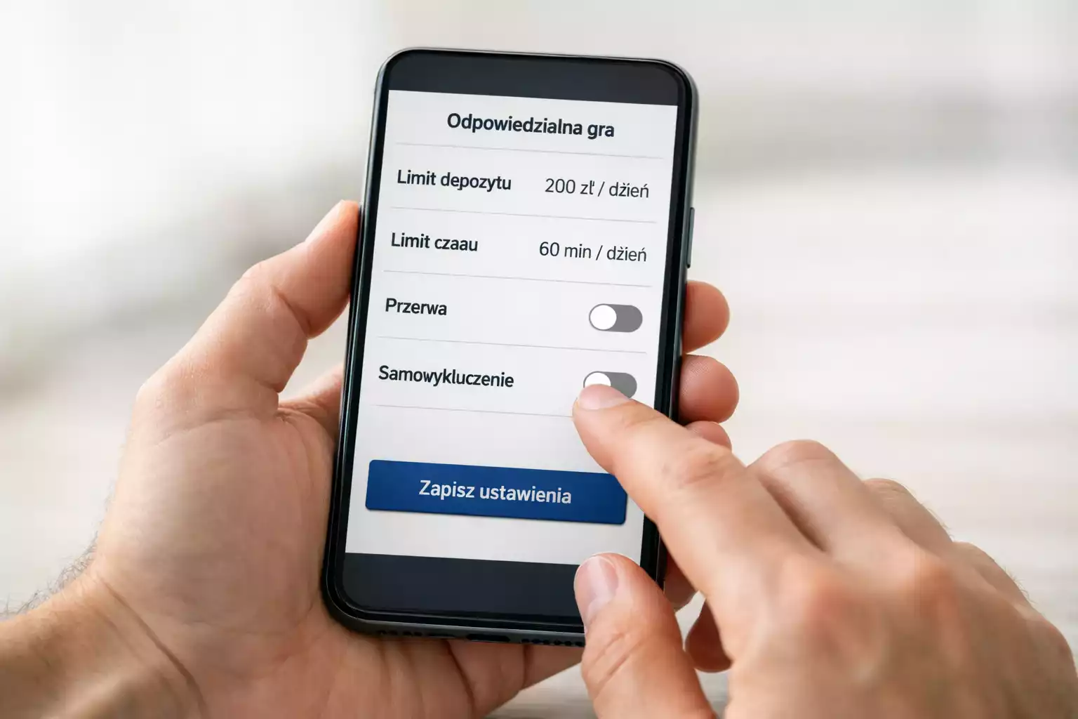 Osoba ustawiajΔ
ca limity w aplikacji bukmacherskiej na smartfonie