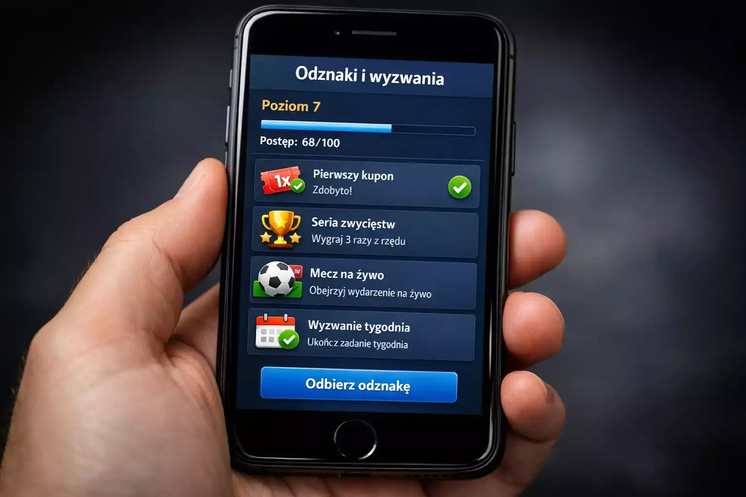 Ekran smartfona z interfejsem aplikacji pokazujΔ
cym osiΔ
gniΔcia i odznaki