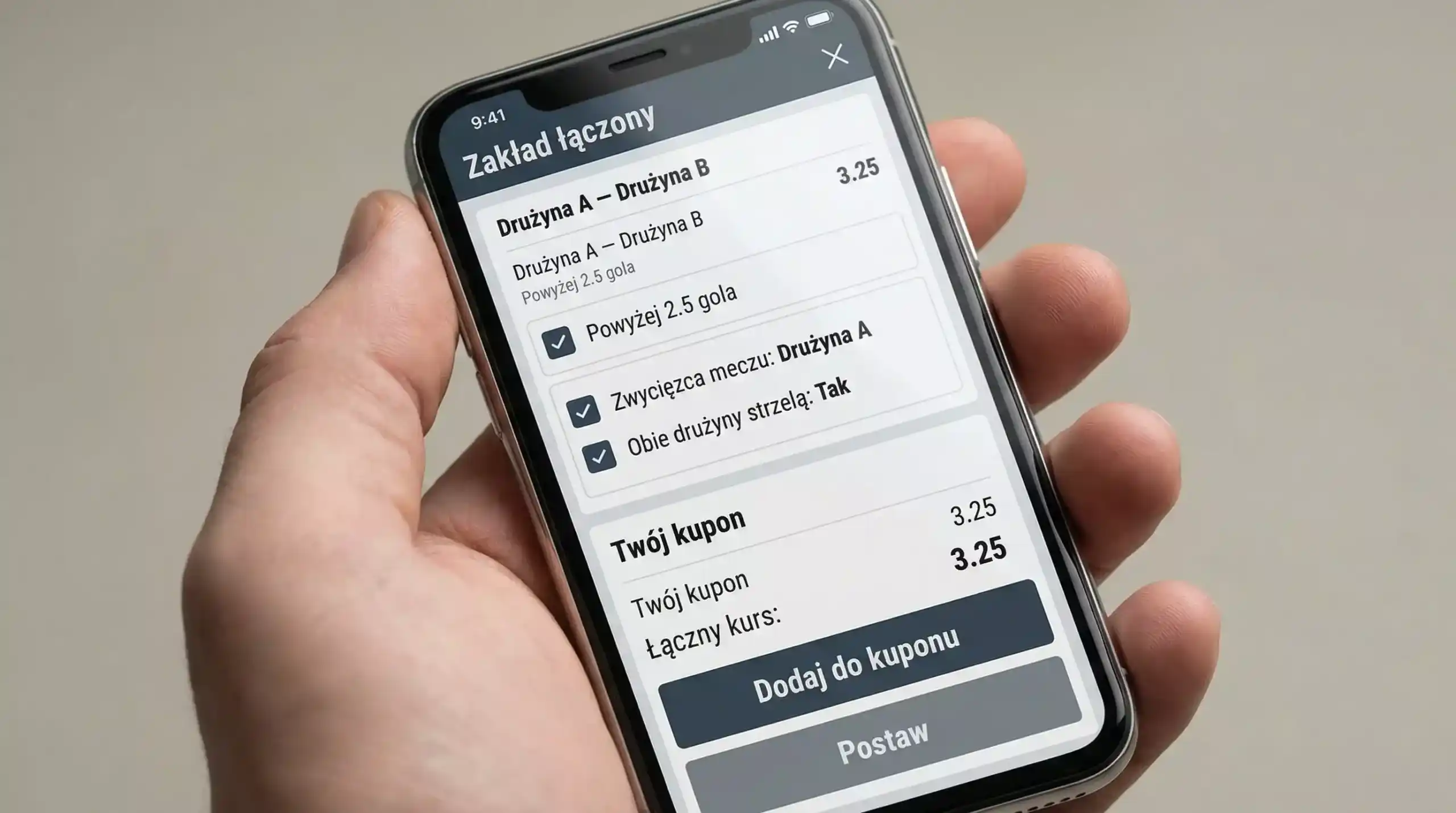 Interfejs BetBuilder z kombinacją zakładów na mecz piłkarski