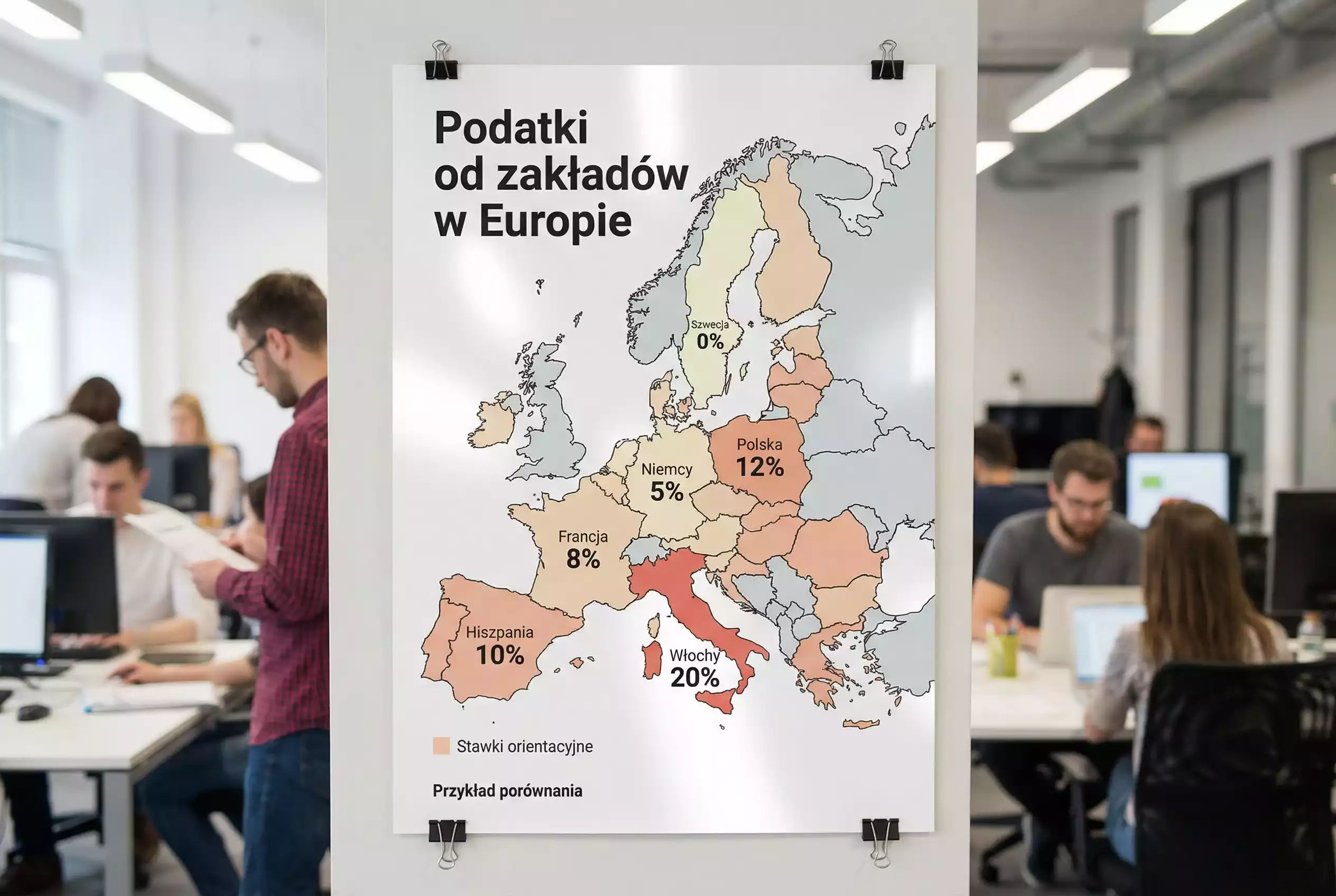 Mapa Europy z oznaczonymi stawkami podatku od zakładów w różnych krajach