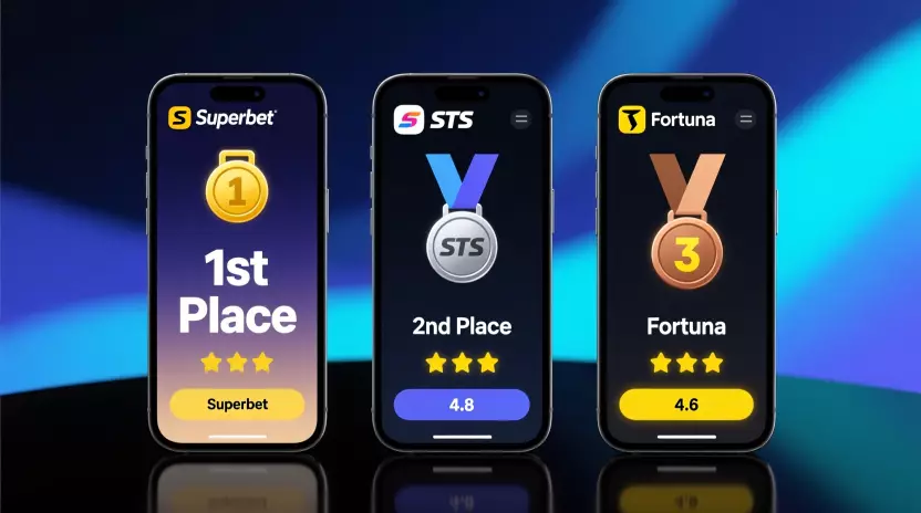 Ranking TOP 3 aplikacji bukmacherskich - Superbet, STS, Fortuna z medalami i ocenami