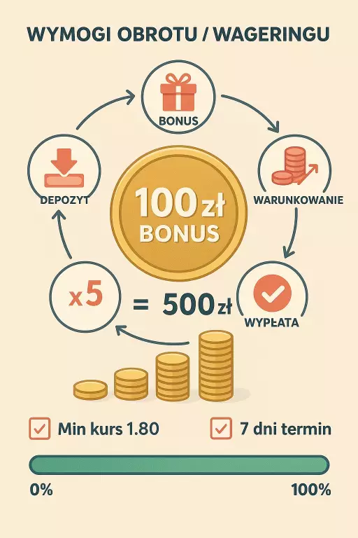Jak działa rollover - schemat warunków obrotu bonusu bukmacherskiego krok po kroku