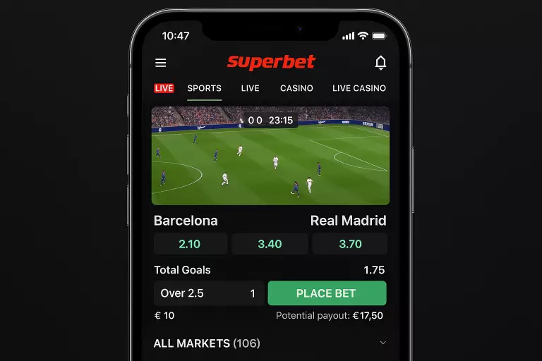 Interfejs aplikacji Superbet pokazujΔ
cy sekcjΔ zakΕadΓ³w live z transmisjΔ
HD