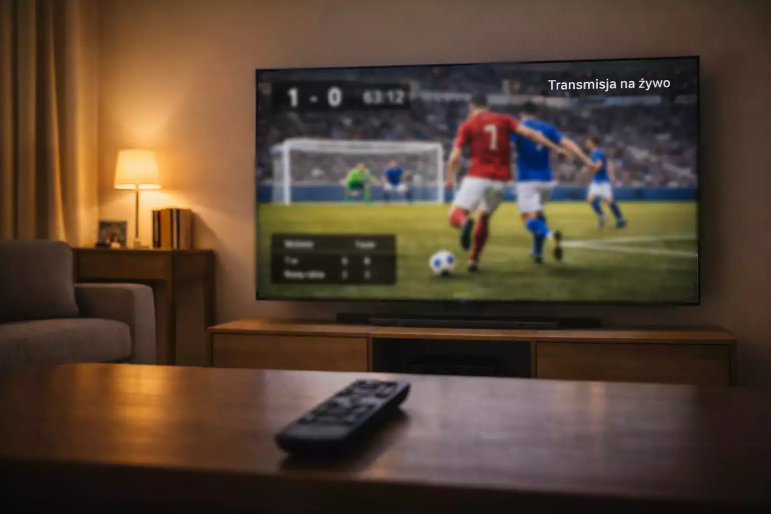Ekran telewizora pokazujący transmisję meczu piłkarskiego z nakładką statystyk