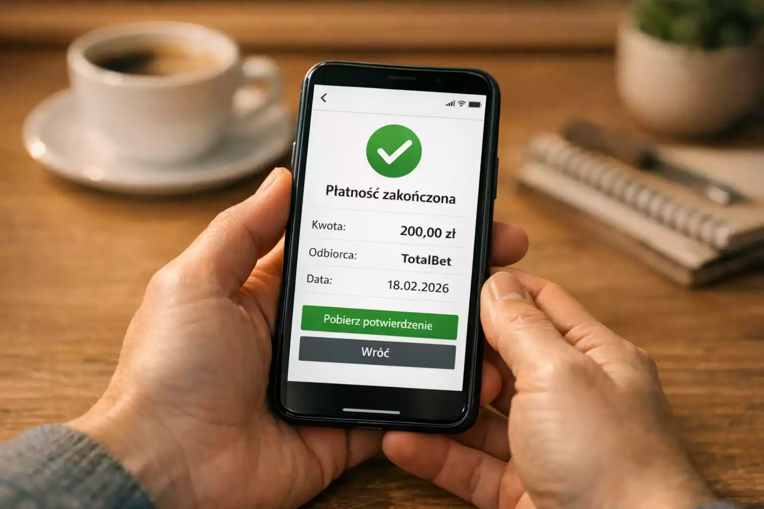 Osoba korzystająca z aplikacji bankowej na smartfonie przy biurku